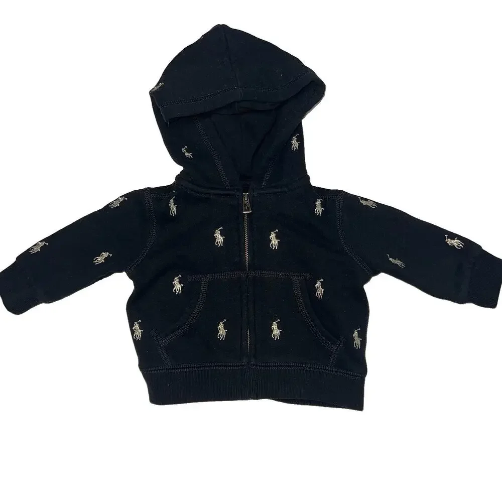 Ralph Lauren Tracksuit Baby Size 3M Black Fleece Gold Logo AOP Hoodie Pants Set